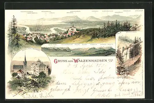 Lithographie Walzenhausen, Bergpanorama mit Drahtseilbahn und Hotel Rheinburg