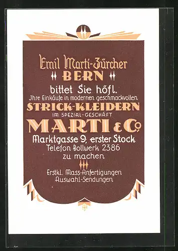 AK Bern, Werbekarte für Spezialgeschäft Marti & Co