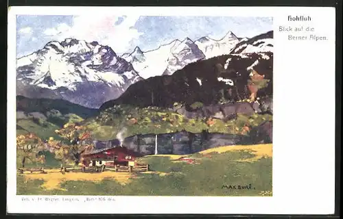 Künstler-AK Interlaken, Blick auf die Berner Alpen