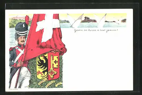 Künstler-AK Geneve, Soldat mit schweizer Nationalflagge