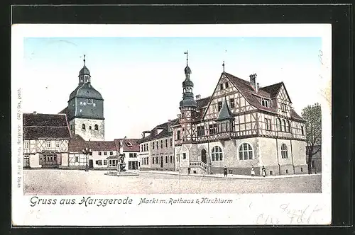 AK Harzgerode, Markt mit Rathaus & Kirchturm