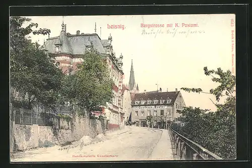 AK Leisnig, Bergstrasse mit Gasthaus Bastei und K. Postamt