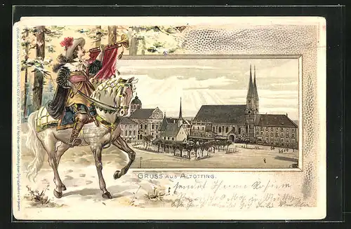 Passepartout-Lithographie Altötting, Ortspartie mit Kirche, Trompeter zu Pferde