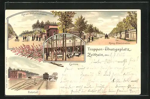 Lithographie Zeithain, Truppen-Übungsplatz, Kantine, Bahnhof, Kaiser Wilhelmstrasse