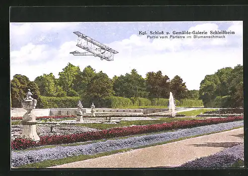 AK Schleissheim, Flugzeug über dem Kgl. Schloss und Gemälde-Galerie