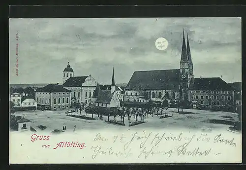 Mondschein-AK Altötting, Marktplatz mit Kirche