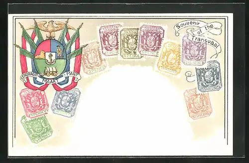 Präge-Lithographie Briefmarken von Transvaal, Afr. Republiken, Wappen mit Adler, Wagen und Anker