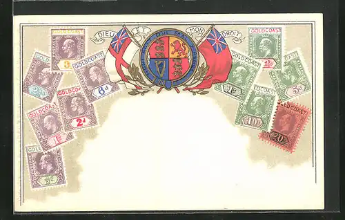 Präge-Lithographie Briefmarken von Goldcoast, Australien, Flagge und Wappen mit Löwe und Harfe