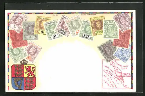 Lithographie Briefmarken aus Südostasien, Straits Settlements, Wappen mit Harfe und Löwen