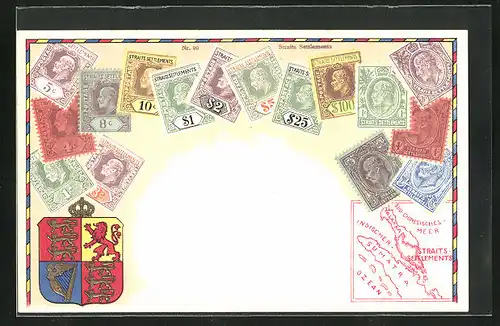 Lithographie Briefmarken aus Südostasien, Straits Settlements, Wappen mit Löwen und Harfe
