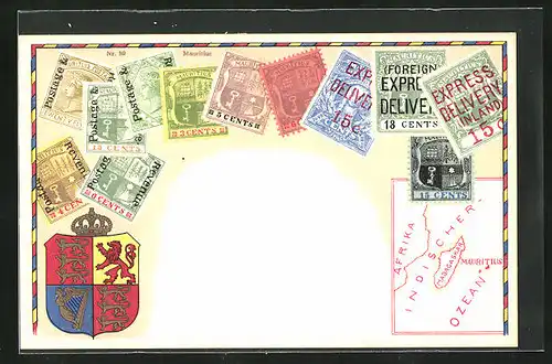 AK Briefmarken von Mauritius, Landkarte, Wappen mit Löwen und Harfe