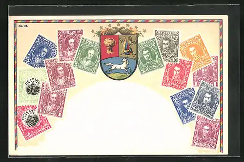 Präge-Lithographie Wappen mit Pferd, Heu und Schwertern, Briefmarken von Venezuela, Portrait S. Bolívar