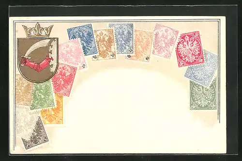 Präge-Lithographie Wappen mit Ritterarm und Schwert, Briefmarken mit Adler