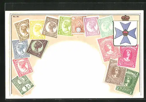 Lithographie Briefmarken aus Queensland, Australien, Wappen mit Krone und Malteserkreuz
