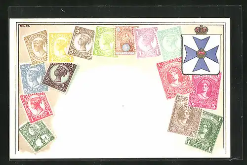 Lithographie Briefmarken von Queensland, Australien, Malteserkreuz-Wappen