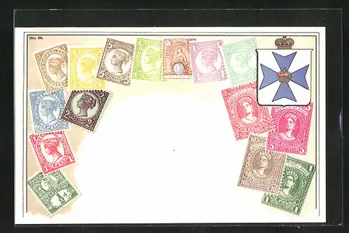 Lithographie Briefmarken aus Queensland, Australien, Wappen mit Krone und Malteserkreuz
