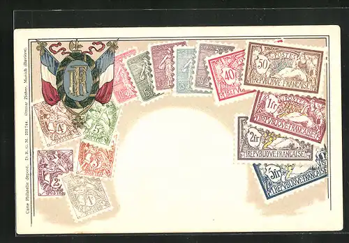 Präge-Lithographie Briefmarken von Frankreich, Wappen mit Flagge und Beil
