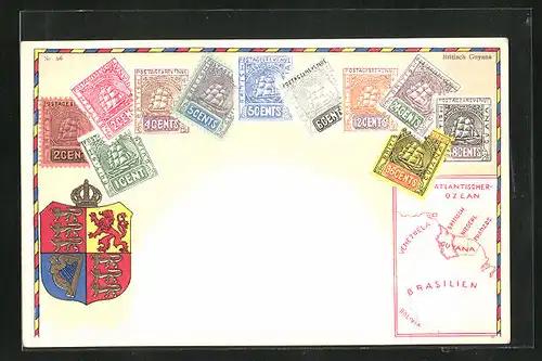 Lithographie Briefmarken von Britisch Guyana, Landkarte, Wappen mit Löwen, Harfe und Krone
