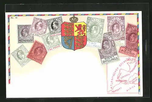 Lithographie Briefmarken von Gibraltar, Landkarte, Wappen mit Löwe, Krone und Harfe
