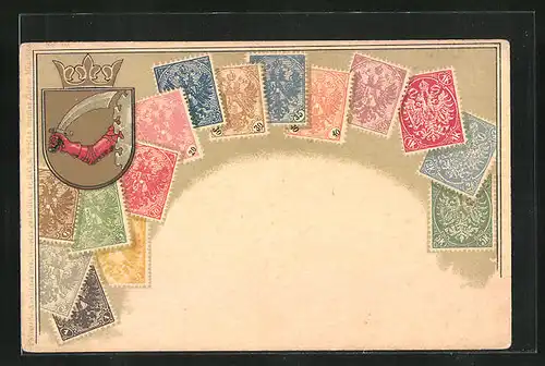 Lithographie Briefmarken mit Adler und Krone, Rittersarm mit Schwert