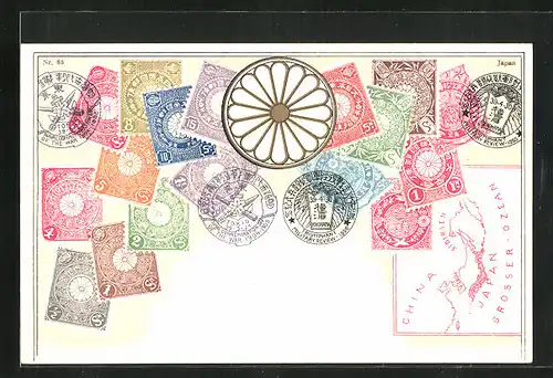 Lithographie Briefmarken von Japan, Landkarte Ostasien, Wappen mit Blüte