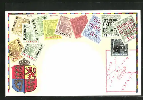 Lithographie Briefmarken von Mauritius, Wappen mit Harfe, Löwe und Krone, Landkarte Madagaskar und Mauritius