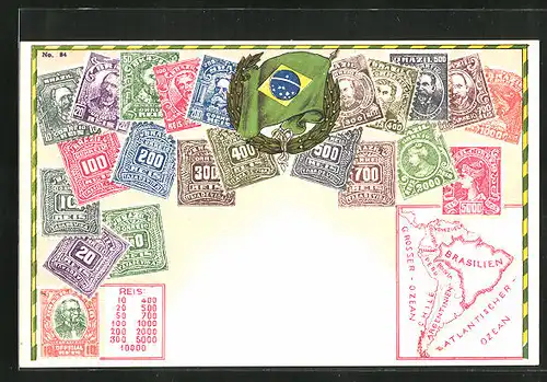 Lithographie Brasilianische Briefmarken, Nationalflagge, Landkarte von Südamerika