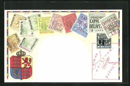 Lithographie Briefmarken von Mauritius, Wappen mit Krone, Harfe und Löwe, Landkarte Madagaskar und Mauritius