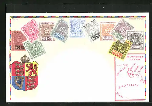 Präge-Lithographie Briefmarken aus Britisch Guyana, Wappen mit Harfe, Löwe und Krone, Landkarte