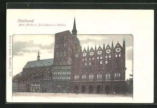 AK Stralsund, alter Markt m. Nicolaikirche und Rathaus