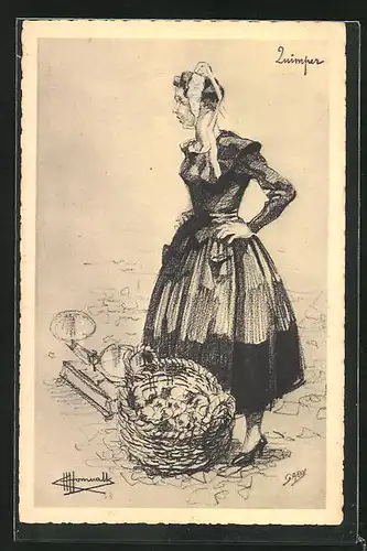 Künstler-AK Charles Homualk: Types et Costumes de France, Frau mit einem Korb neben der Waage