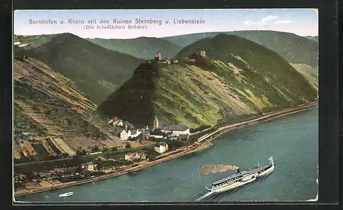 AK Bornhofen a. Rhein, Ortsansicht mit den Ruinen Sternberg und Liebenstein