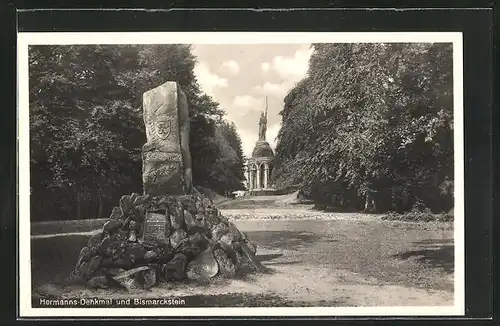 AK Detmold, Hermanns-Denkmal und Bismarckstein