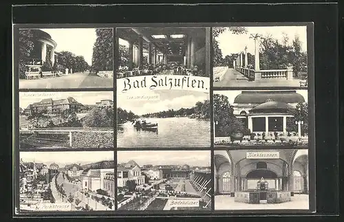 AK Bad Salzuflen, See im Kurpark, Trinkbrunnen, Parkstrasse, Kinderheilanstalt
