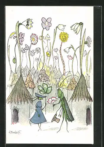 Künstler-AK Ernst Kreidolf: der Gratulant, Grashüpfermännchen und - weibchen beim Balzen