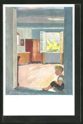 Künstler-AK Albert Welti: ein Junge sitzt in der Tür zu seinem Zimmer