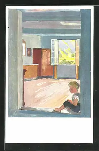 Künstler-AK Albert Welti: ein Junge sitzt in seinem Zimmer