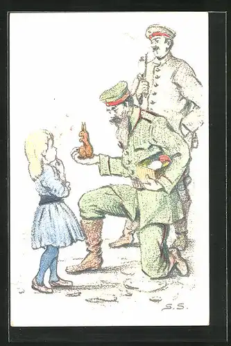 AK Kinderfürsorge, Mann in Uniform überreicht einem Mädchen einen Schokoladenhasen