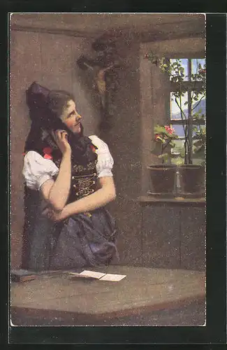 Künstler-AK Heinrich Hoffmann: junge Frau im Hergottswinkel mit Blick aus dem Fenster