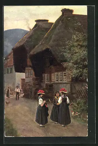 Künstler-AK Heinrich Hoffmann: Dorfstrasse im Schwarzwald, Frauen in Trachten vor den Häusern