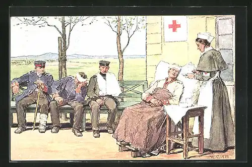 Künstler-AK Rotes Kreuz, verwundete Soldaten am Lazarett auf einer bank