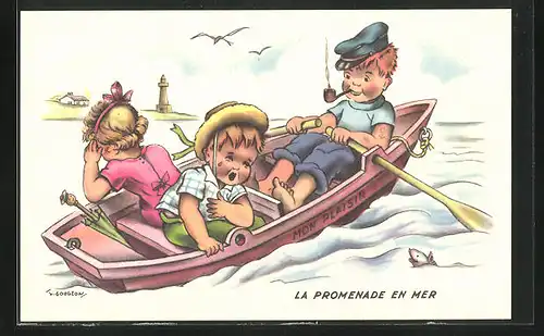 Künstler-AK sign. Gougeon: La Promenade en Mer, Kinder in einem Ruderboot