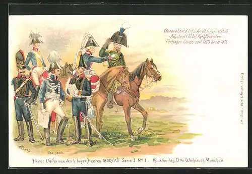 Lithographie Generalität d. Inf. und Artillerie, Generalstab, Adjutant, Reitendes Feldjäger-Corps, historische Uniformen