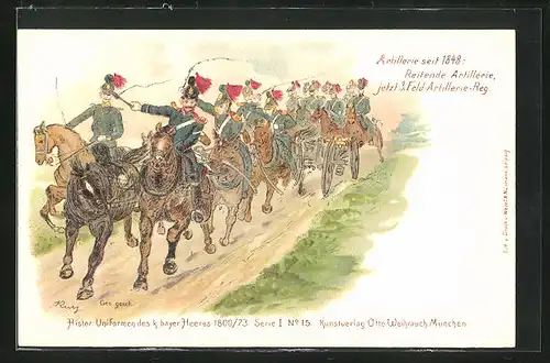 Lithographie Regiment, Reitende ARtillerie auf dem Vormarsch in historischen Uniformen