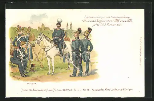 Lithographie Ingenierus-Corps und technische Comp., Soldaten in historischen Uniformen des k. bayer. Heeres 1800 /73