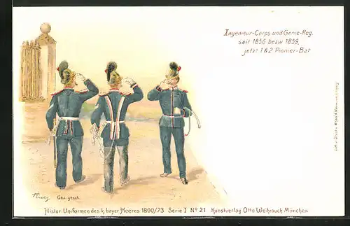 Lithographie Regiment Ingenieurs-Corps und Genie-Reg., historische Uniformen des bayrischen Heeres