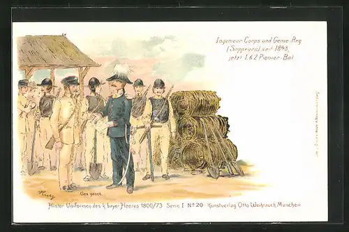 Lithographie Regiment Ingenier-Corps und Genie-Reg., Soldaten in historischen bayrischen Uniformen
