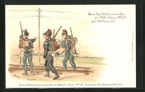 Lithographie Genie-Regiment, Soldaten marschieren in Uniformen und voller Montur