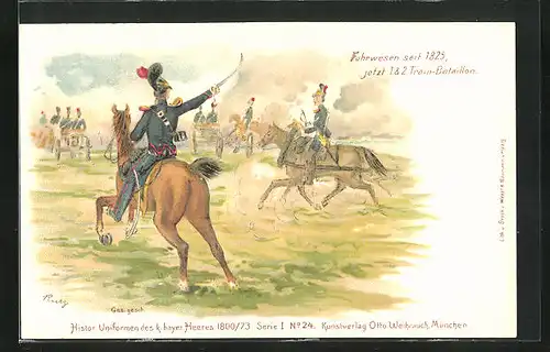 Lithographie Regiment Fuhrwesen, Soldaten zu Pferd in historischen Uniformen des k. bayr. Heeres
