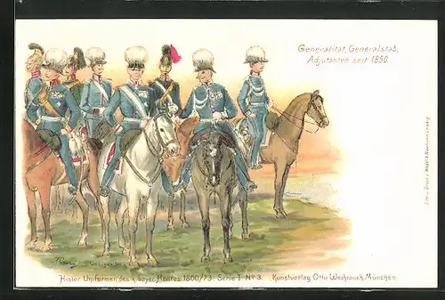 Lithographie Generalität, Generalstab, Adjutant, Soldaten zu Pferd in historischen Uniformen des k. bayr. Heeres